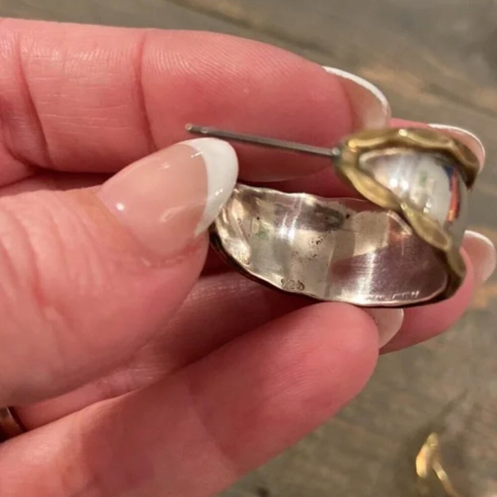 Vintage Laton Sterling Silver & Brass Chunky Hoop Earrings - Picture 6 of 8